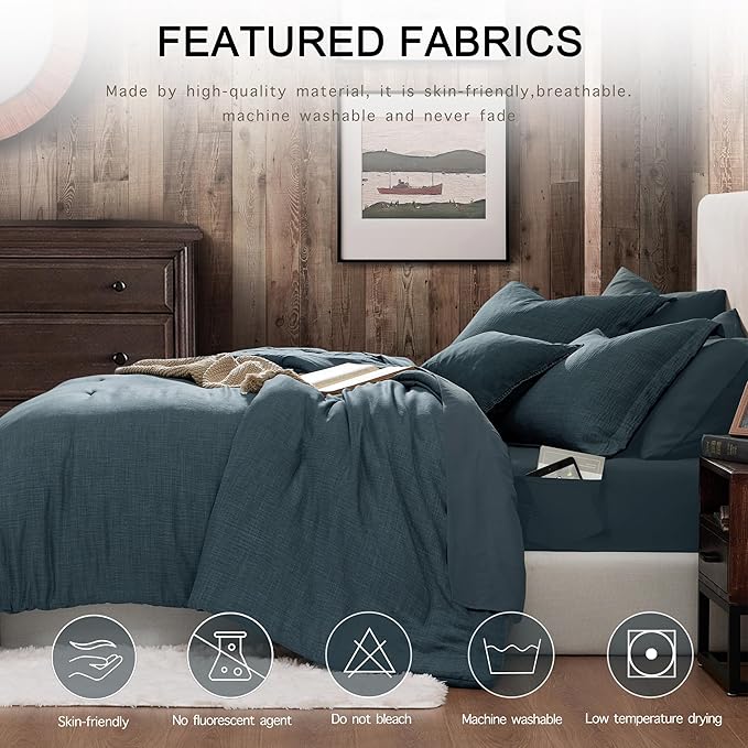 Geniospin Queen Comforter Set - 7 Pieces Comforter Queen Size, Soft Solid Bedding Set for All Season, Textured Bed in a Bag with Sheets, Pillowcases & Shams (Navy Blue, 90''x90'')