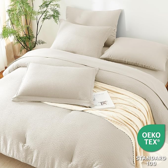 CozyLux King Size Comforter Set Beige - 7 Pieces Striped Seersucker Bed in a Bag, Soft Lightweight Boho Bedding Set with All Season Comforters King Size, Sheets, Pillowcases & Shams