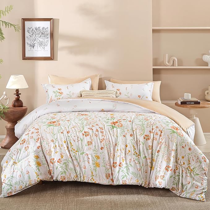 Yiran Coral Orange Watercolour Floral Comforter Set King Size, 7 Piece Cute Botanical Comforter Bedding Set, Bed in a Bag King, Soft Microfiber Complete Bedding Set with Sheets for All Season