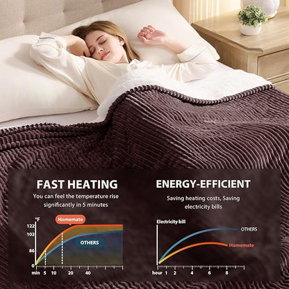 Homemate Electric Heated Blanket Queen Size - 84"x90" Heating Blanket Queen Size Dual Control 1/2/4/6/8 Hours Auto-Off 10 Heat Level Over-Heat Protection Soft Flannel Sherpa ETL Certification