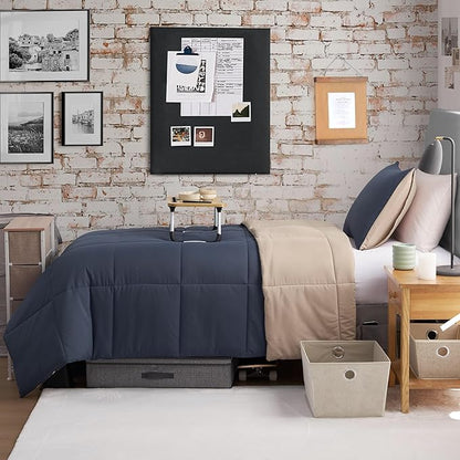 Reversible Box Stitch Comforter Set, 2-Piece Twin/Twin XL – Navy Blue/Tan – Stylish Bedding Set
