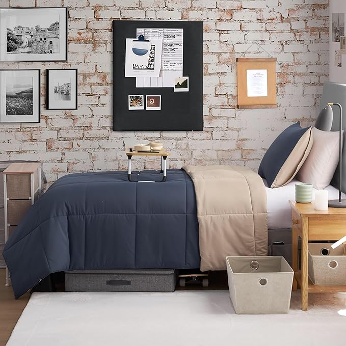 Reversible Box Stitch Comforter Set, 3-Piece Full/Queen – Navy Blue/Tan – Stylish Bedding Set