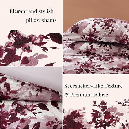 CASAAGUSTO King Comforter Set, 7 PCS Purple Willow Leaf Floral Comforter Set with Flowers Leaves Pattern, Soft Seersucker Design All Season King Size Bedding Set(102"X90")