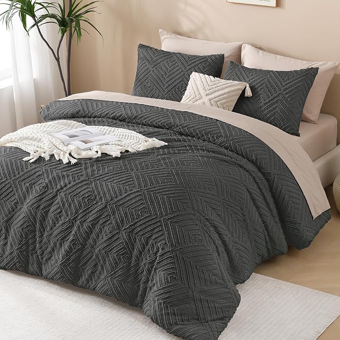 Andency Dark Grey Oversized King Comforter 120''x120'', 3 Pieces Dark Gray Super King Soft Boho Bedding Set & Collections, Farmhouse Tufted Fluffy Bed Set for All Seasons (1 Comforter, 2 Pillowcases)