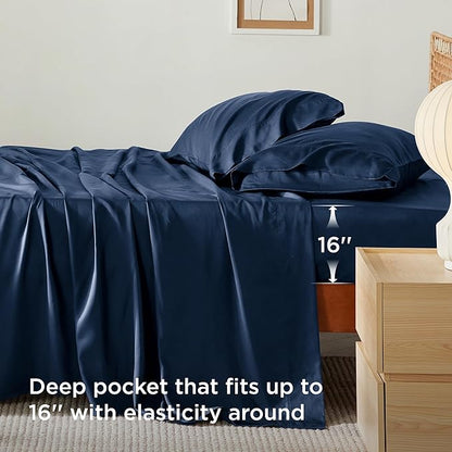 Bedsure California King Sheet Sets, Cooling Sheets for Hot Sleepers, Rayon Derived from Bamboo, Breathable & Soft, Deep Pocket Up to 16 Inches, Hotel Luxury Silky Bedding, Navy