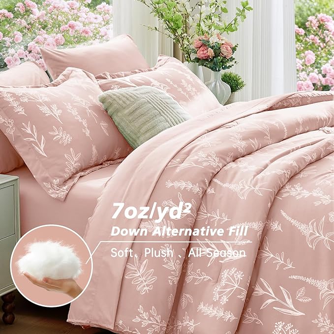 MUXHOMO Cameo Pink Bed in a Bag King 7 Pieces, King Comforter Set Reversible Botanical Flowers Design, Ultra Soft & Breathable Bedding Sets with Comforter, Sheets, Pillowcases & Shams