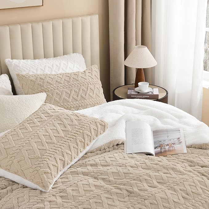 Andency Fluffy Sherpa Queen Comforter Set, Super Soft Beige Fleece Warm Bedding for Winter, Luxury Jacquard Boho Thick Fuzzy Plush Bed Set 3 Pieces(1 Shaggy Comforter, 2 Pillowcases)