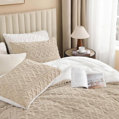 Andency Fluffy Sherpa Queen Comforter Set, Super Soft Beige Fleece Warm Bedding for Winter, Luxury Jacquard Boho Thick Fuzzy Plush Bed Set 3 Pieces(1 Shaggy Comforter, 2 Pillowcases)