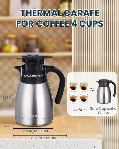 GiNT 34Oz Thermal Coffee Carafe, Insulated Stainless Steel Coffee Carafes for Keeping Hot/Double Walled Vacuum Coffee Carafe (Silver, 1L)