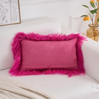 Genuine Mongolian Lamb Fur Pillow Cover – 12"x20" Rectangular Cushion Case – Soft Curly Wool Decorative Accent for Sofa, Bed, or Chair (Hot Pink)