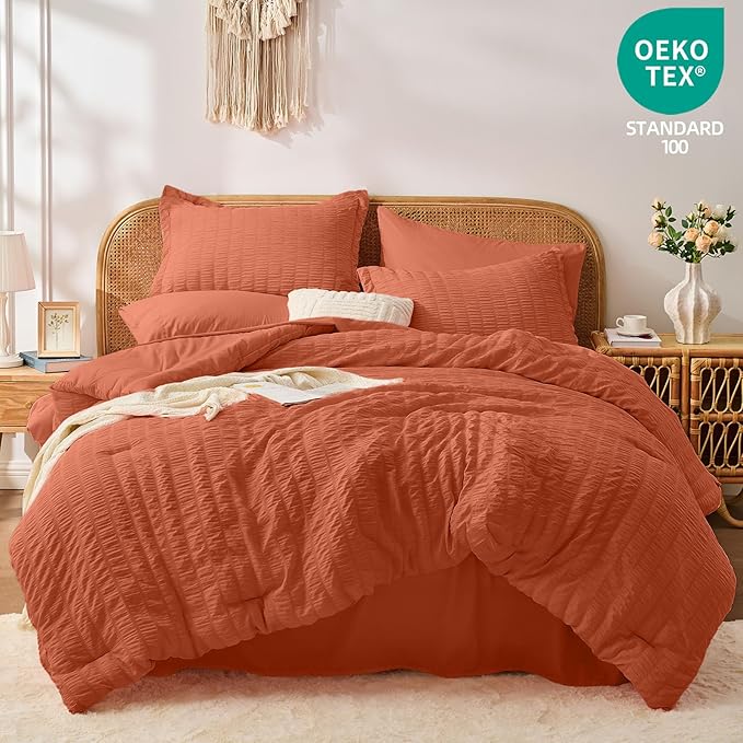 FUANNA Full Size Comforter Sets 7 Pieces, Luxury Seersucker Bed in a Bag Full for All Seasons, Soft Bed Sets with Comforter, Flat Sheet, Fitted Sheet, Pillowcases & Shams for Bedroom, Burnt Orange