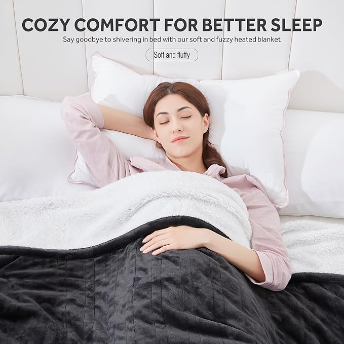 Heated Blanket Electric Blanket King Size Soft Flannel Sherpa, 6 Heat Levels Fast Heating, 2 to 10 Hours Auto-Off Detachable Controller Machine Washable, Grey 100"x90"
