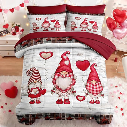 Nesker 7 Pcs Valentine's Day Comforter Set Queen Size, Cute Gnome Romantic Bedding Set for Kids and Adults, Christmas Love Funny Sheets Bed Sheet Sets with Fitted Sheet 2 Pillowcases & 2 Shams