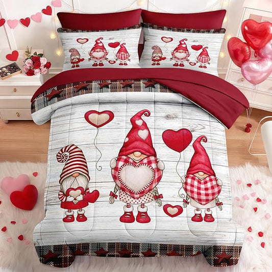 Nesker 7 Pcs Valentine's Day Comforter Set King Size, Cute Gnome Romantic Bedding Set for Kids and Adults, Christmas Love Funny Bed Sheet Sets with Fitted Sheet 2 Pillowcases & 2 Shams