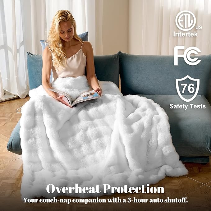 IUUI Electric Heated Blanket Throw 50''x60'',Luxury Faux Rabbit Fur Heating Throw Blankets,Fast Heating with 1/2/4/6/8/10 Hours,Overheat Protection, Quick Heating, Memory Function, Gift-Ready Design