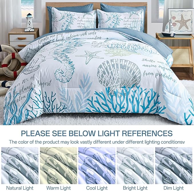 Comforter Set King Size Coastal, Beachy Themed Comforters,7 Pieces Ocean Bed in a Bag Nautical Bedding Seahorse Sea Shell with Sheets for All Season
