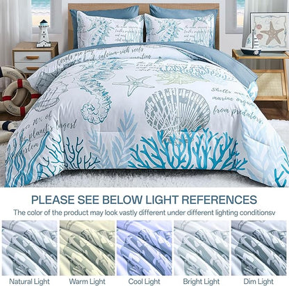 Coastal Comforter Set Queen, Beachy Themed Comforters,7 Pieces Ocean Bed in a Bag Nautical Bedding Seahorse Sea Shell with Sheets for All Season