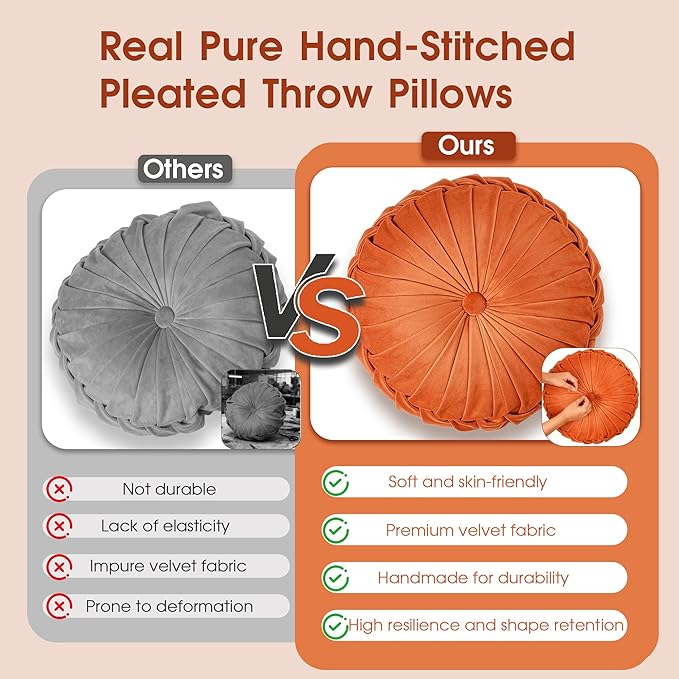 ROSE&RISY Round Pleated Hand-Stitched Velvet Throw Pillow, 1 Pcs Decorative Accent Pumpkin Pillow Cushion for Couch Sofa Chair Bed Car Home Decor (14.5 Inch, Orange)
