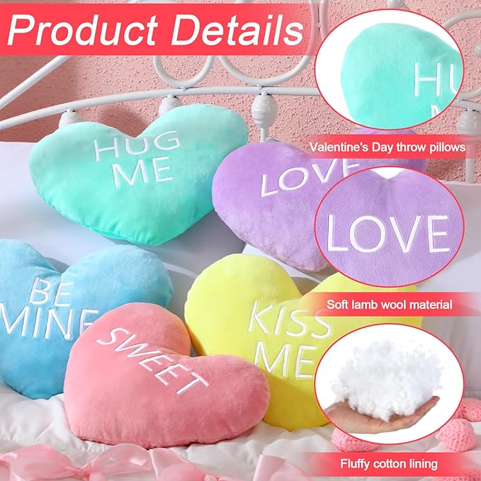 5 Pcs Valentine Heart Shape Pillow Conversation Heart Pillow Candy Cute Love Words Shaped Pillow Soft Throw Pillow Plush Cushion for Girls Friends Children Gift Living Dining Room