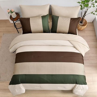 Anibedding Striped Comforter Set King Size, Boho Brown Green Striped Bedding Comforter Set 7 Piece Bed in a Bag, Soft Microfiber Down Alternative Farmhouse Bedding Set for All Season(104"x90")