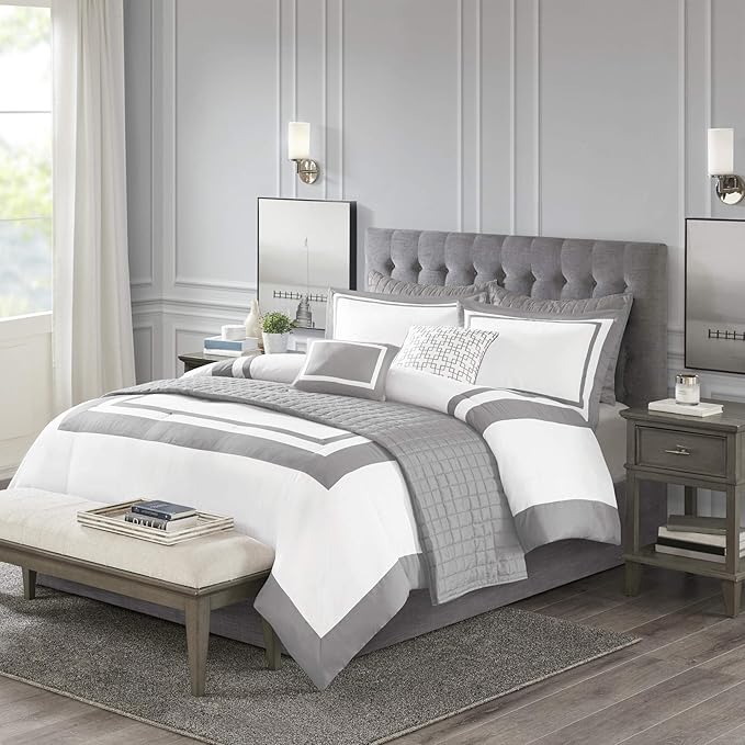 Madison Park Heritage Comforter Quilt Combo Set - Modern Luxury Design, All Season Down Alternative Bedding, Matching Shams, Decorative Pillows, King/Cal King(104"x92"), Color Block Grey 8 Piece