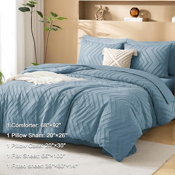 Litanika Twin XL Comforter Set Dusty Blue - Boho Tufted Shabby Chic Bed in a Bag for College Dorm, 5 Pieces Fluffy Soft Farmhouse Bed Set for All Seasons