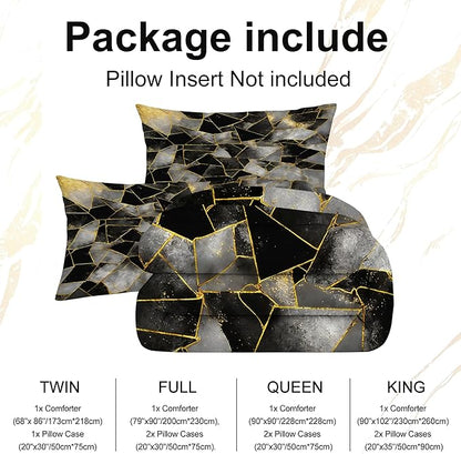 Black Grey Marble Comforter Set Geometry Abstract Marbling Beddding Set Queen Size Gold Lines Geometric Print Quilt Set Black Gray Gold Stripes Bed Set with 1 Comforter + 2 Pillowcases