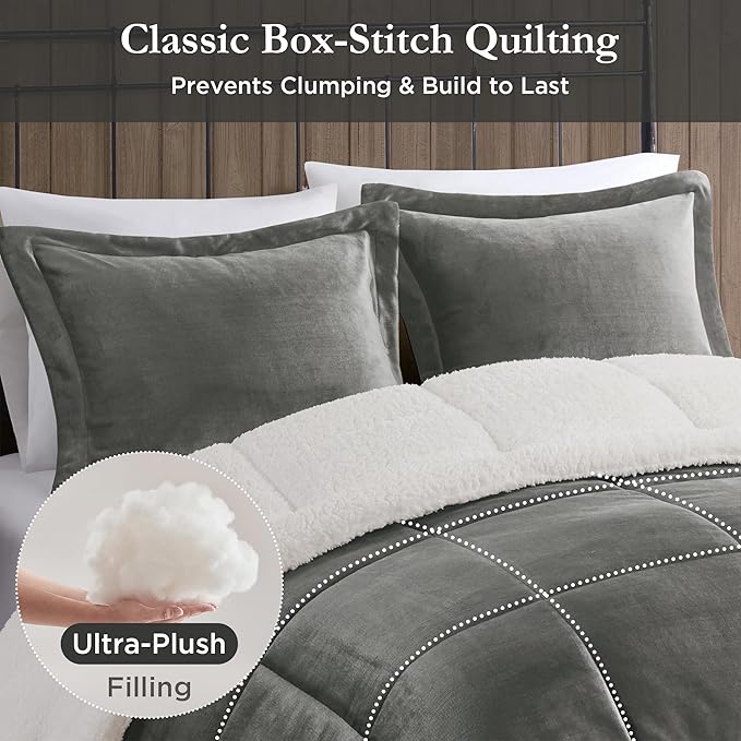 Woolrich Reversible Comforter Set Ultra Soft Plush to Sherpa, Down Alternative, Cold Weather Winter Warm Bedding, with Matching Sham, Decorative Pillow Charcoal/Ivory King 4 Piece