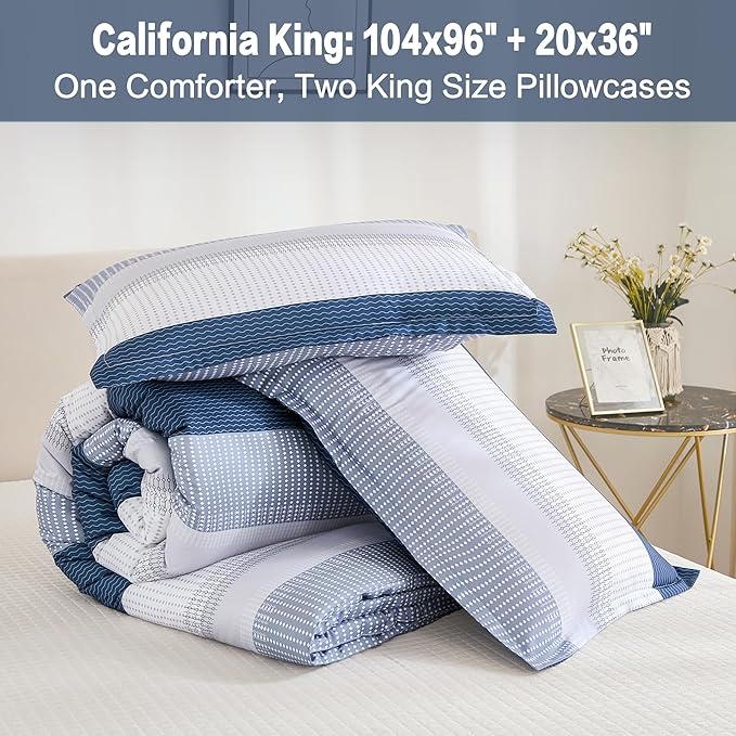 Litanika Mineral Blue California King Comforter Set - 3 Pieces Cal King Oversized Lightweight Summer Colorblock Stripe Bedding Set (104x96In, 2 Pillowcases)