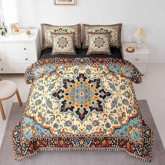 Oriental Floral Comforter Set Vintage Flower Bedding Comforter Sets 7pcs for Kids, Art Deco Medallion Bed in a Bag Retro Aesthetic Full Bedding Sets, Boho Paisley Bedding Sets & Collections Breathable