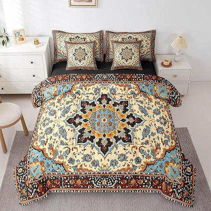 Erosebridal Oriental Floral Queen Size Comforter Set Vintage Flower Bedding Comforter Sets for Kids, Art Deco Medallion Bed in a Bag 7pcs Retro Aesthetic Bedding Set, Boho Paisley Bed Set Breathable