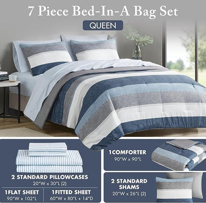 Madison Park Essentials Jaxon Bed in a Bag Comforter Set with Sheet, Printed Stripe Design, Modern All Season Bedding and Matching Sham, Queen Blue/Grey 7 Piece