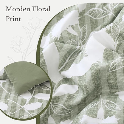 King Comforter Set -7 Pieces Sage Green Floral Comforter Set for All Seasons, Bed in a Bag King with Botanical Flowers Comforter, Sheets, Pillowcases & Shams