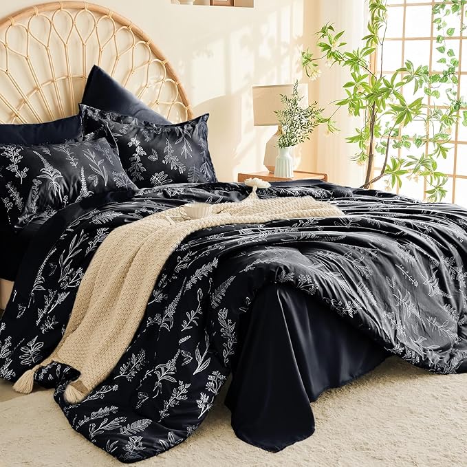 MUXHOMO Black Bed in a Bag Queen 7 Pieces, Queen Comforter Set Reversible Botanical Flowers Design, Ultra Soft & Breathable Bedding Sets with Comforter, Sheets, Pillowcases & Shams