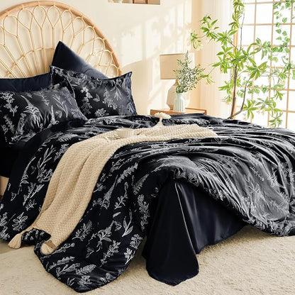 MUXHOMO Black King Comforter Set, Elegant Floral Print Bed in a Bag 7 Pieces, Ultra Soft & Breathable Reversible Botanical Pattern Bedding Set with Comforter, Sheets, Pillowcases, and Shams