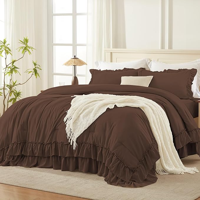 Andency Brown King Comforter Set (104x90Inch), 3 Pieces Ruffle Comforter Set with 2 Pillowcases, Farmhouse Shabby Chic Lightweight Fluffy Soft All Season Bed Set