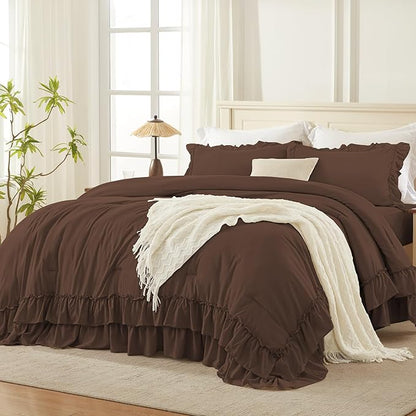 Andency Brown King Comforter Set (104x90Inch), 3 Pieces Ruffle Comforter Set with 2 Pillowcases, Farmhouse Shabby Chic Lightweight Fluffy Soft All Season Bed Set