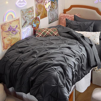 Bedsure Twin Comforter Set Dark Grey - Bed in a Bag Twin Size Bedding 5 Pieces, GentleSoft™ Pintuck Bed Set Gift for Family, Pinch Pleat Dark Grey Comforter with Sheets, Pillowcase & Sham