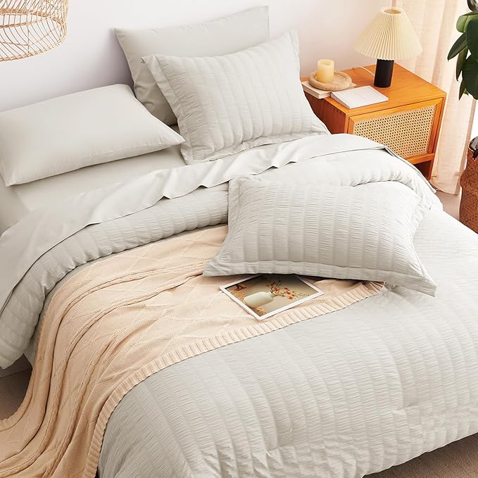 CozyLux Oversized King Comforter Set Beige Seersucker 7 Pieces 120x98 Bed in a Bag Comforter Set with Sheets, Luxury Soft Bedding Sets with Down Alternative Comforter, Sheets, Pillowcases & Shams