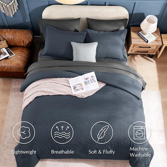 Geniospin King Size Comforter Set - 7 Pieces Blue Gray Textured King Bedding Sets with Comforter, Sheets, Pillowcases & Shams，All Season Blue Gray Bedding