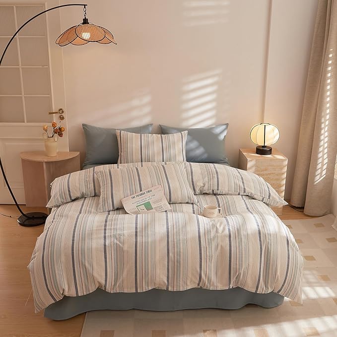 HighBuy Blue Gingham King Size Comforter Set Aztec Design Gingham Striped Bedding Comforter Set Bohemian for Women Men Warm Bedding Comforter Sets for King Bed