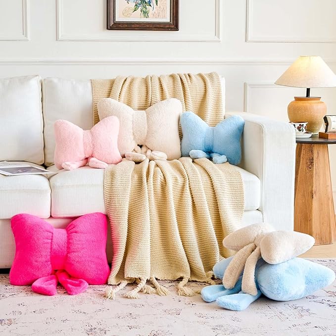 Bowknot Pillow Pink Cute Bow Decorative Throw Pillows 12" Aesthetic Home Decor Bow Cushions Butterfly Knot Plush Pillow for Bedroom Couch