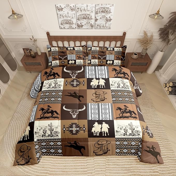 Western Cowboy Bedding Sets Twin Size,Southwest Comforter Set 2Pcs for Kids Boys Girls Men Room Decor,Vintage Aztec Tribal Quilt Set Desert Cactus Cowgirl Print Grid Duvet Insert 2Pcs,Brown