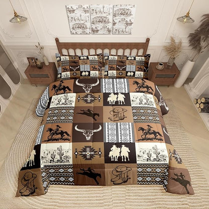 Western Cowboy Comforter Set King Size,Southwest Bedding Sets 3Pcs for Kids Boys Girls Men Room Decor,Vintage Aztec Tribal Quilt Set Desert Cactus Cowgirl Print Grid Duvet Insert 3Pcs,Brown