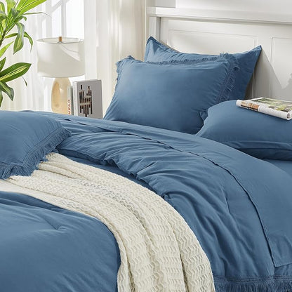Andency Full Size Comforter Set Sea Blue -7 Pieces Boho Tassel Bed in a Bag Soft Lightweight Bedding Sets, Fringe All Season Bed Set with Comforter, Sheets, Pillowcases & Shams