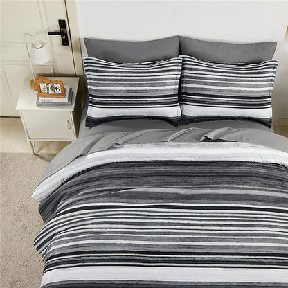 KAKIJUMN 7 Piece Bed in a Bag Stripe Comforter Set King Size, White Grey Black Patchwork Striped Comforter and Sheet Set, All Season Soft Microfiber Complete Bedding Sets(Grey,King)