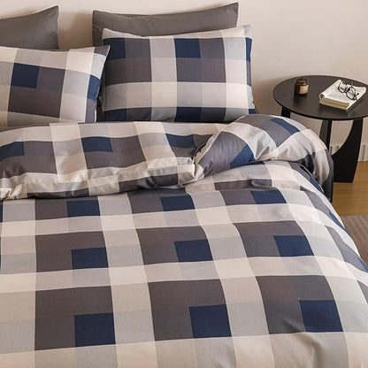 Houseri Blue Plaid Comforter Set California King Vintage Grid Bedding Sets