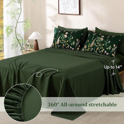 Yiran Dark Green Floral Comforter Set Queen Size, 7 Piece Botanical Flowers Comforter Bedding Set, Bed in a Bag Queen, Soft Microfiber Complete Bedding Set with Sheets for All Season