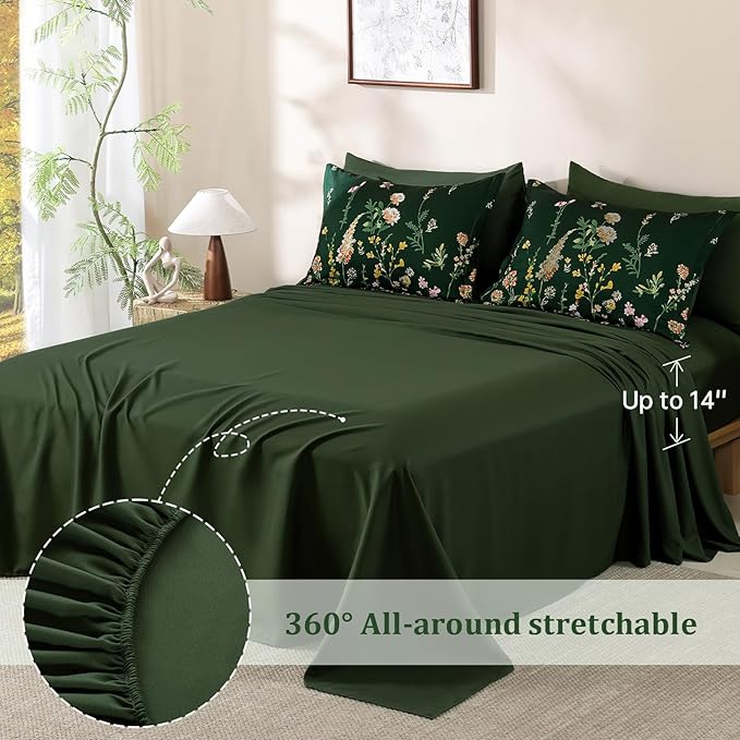 Yiran Comforter Set King Size Dark Green, 7 Piece Floral Flowers Comforter Bedding Set, Bed in a Bag King, Soft Microfiber Complete Bedding Set with Sheets for All Season