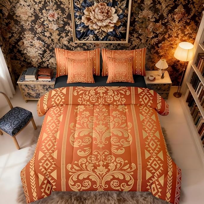Comforter Set Twin Size, Yellow Aztec Damask 7 Pcs Bedding for Kids and Adults, Victorian Decor Western Baroque Goth Bed Sheet Sets with Fitted Sheet 2 Pillowcases & 2 Shams for Bedroom Bed Decor